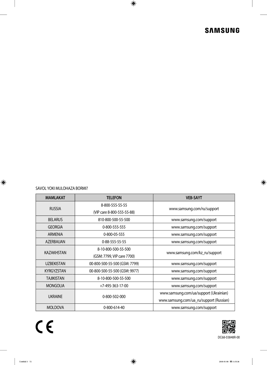 Samsung WW10M86KNOA/LP manual Mamlakat Telefon VEB-SAYT 