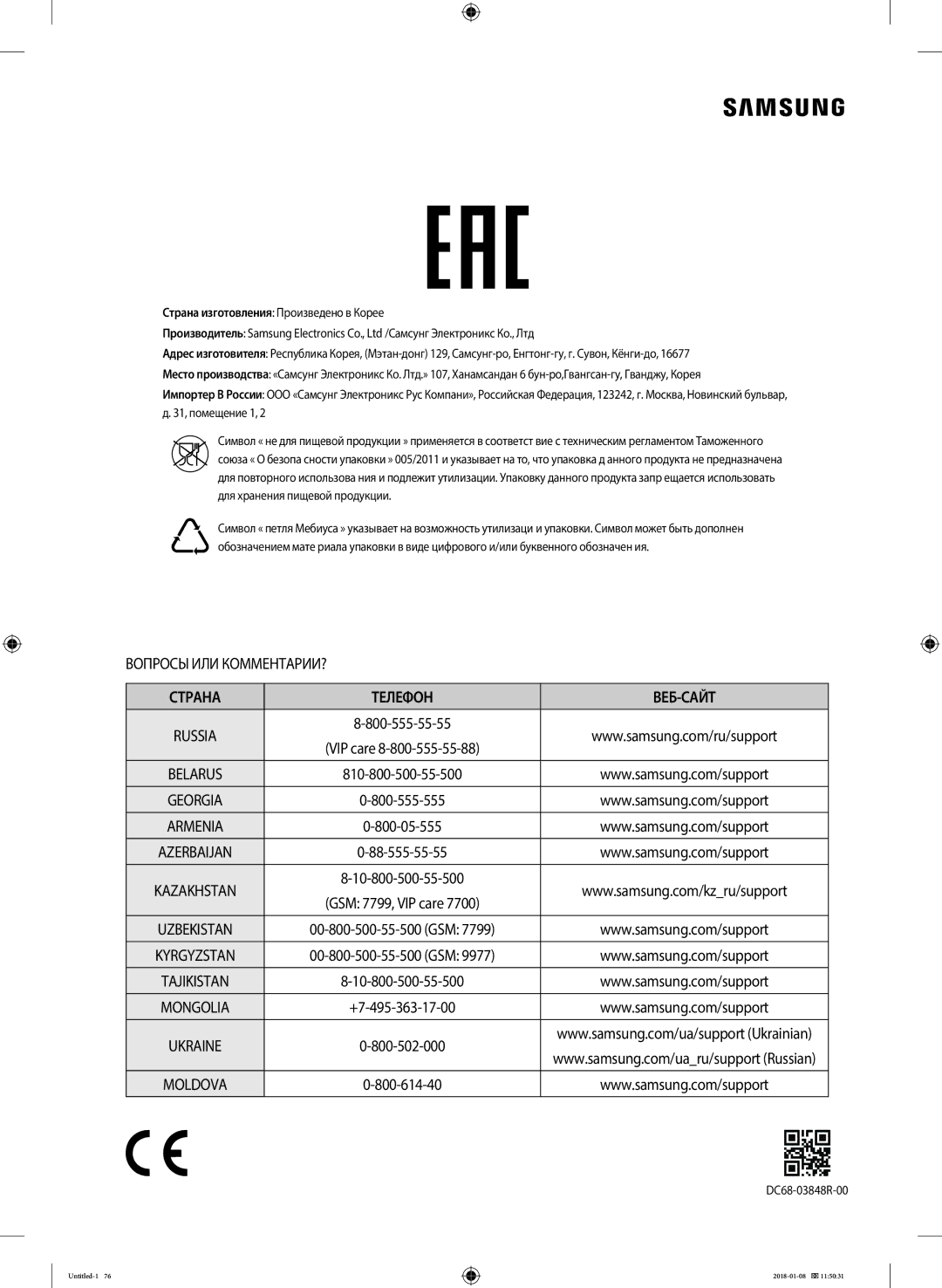 Samsung WW10M86KNOA/LP manual Страна Телефон ВЕБ-САЙТ, Armenia 