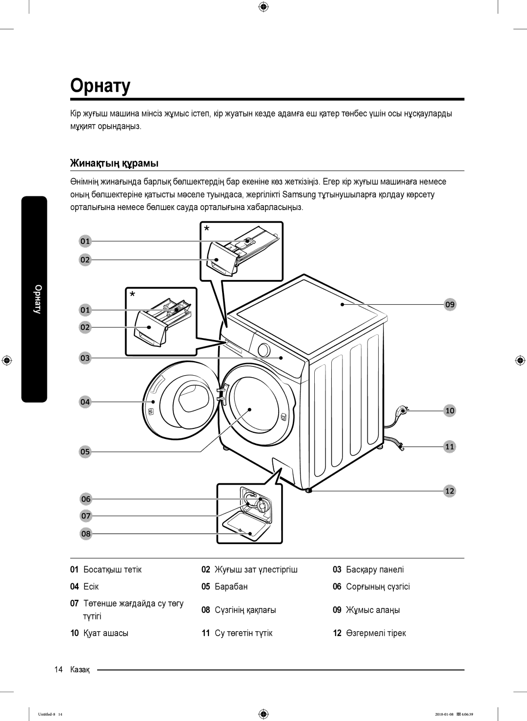 Samsung WW10M86KNOA/LP manual Орнату, Жинақтың құрамы 