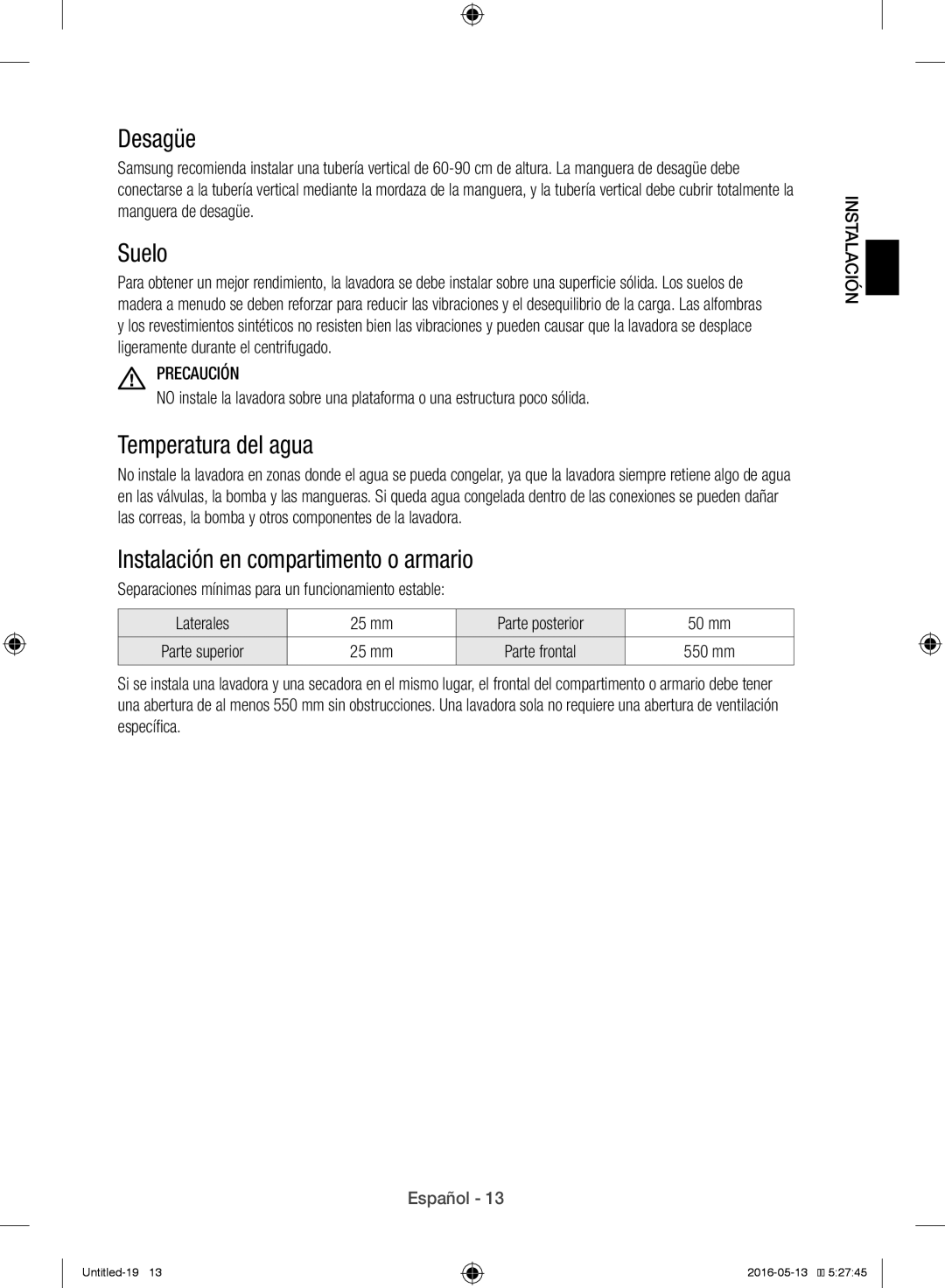 Samsung WW12H8400EW/EC manual Desagüe, Suelo, Temperatura del agua, Instalación en compartimento o armario 