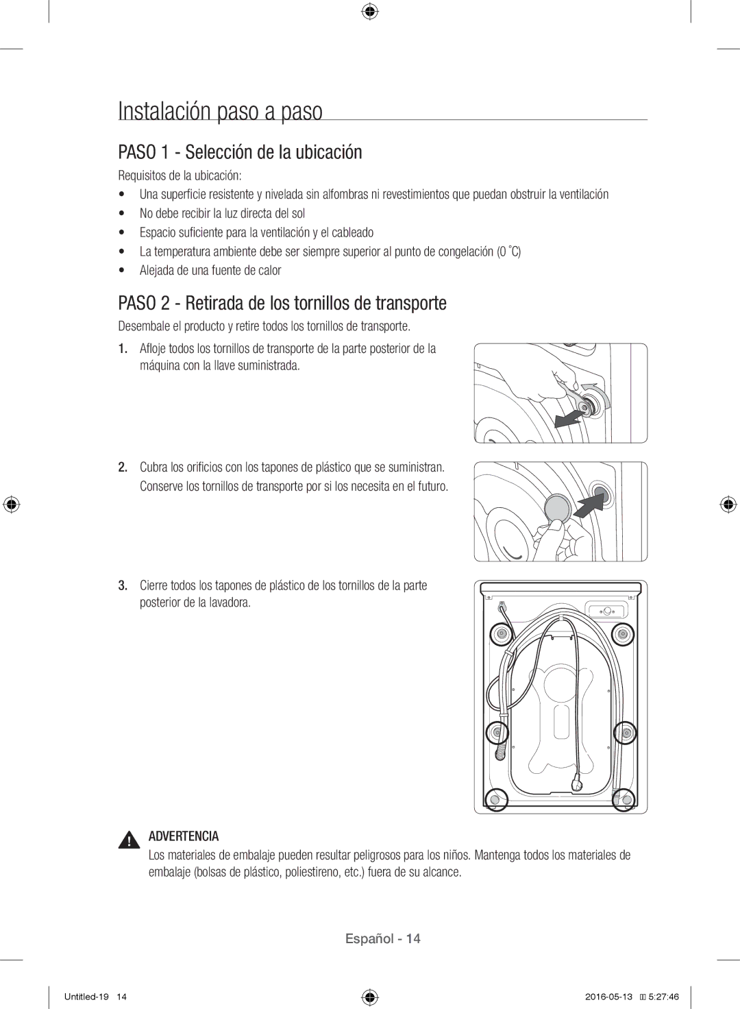 Samsung WW12H8400EW/EC manual Instalación paso a paso, Paso 1 Selección de la ubicación, Requisitos de la ubicación 