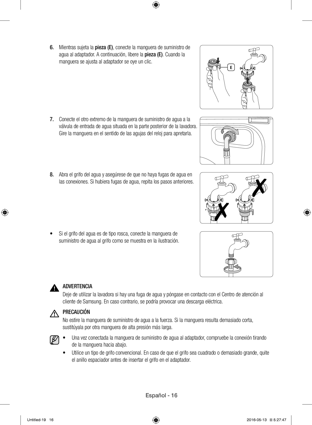 Samsung WW12H8400EW/EC manual Manguera se ajusta al adaptador se oye un clic 