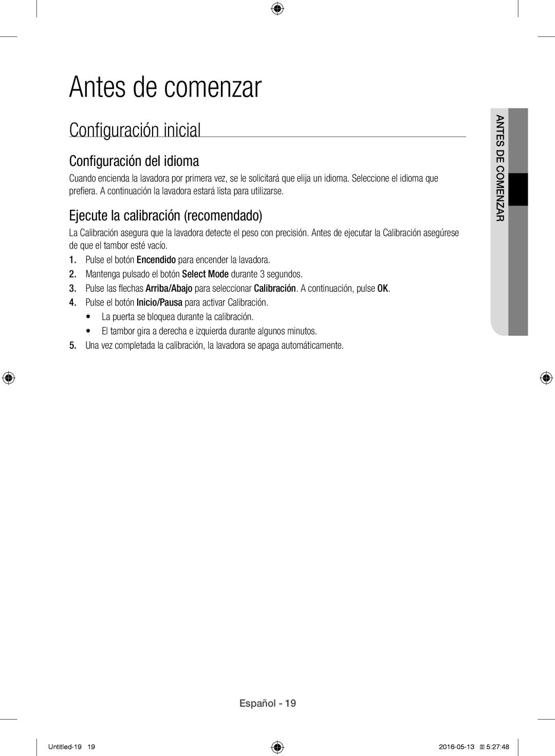 Samsung WW12H8400EW/EC manual Antes de comenzar, Configuración inicial, Configuración del idioma 