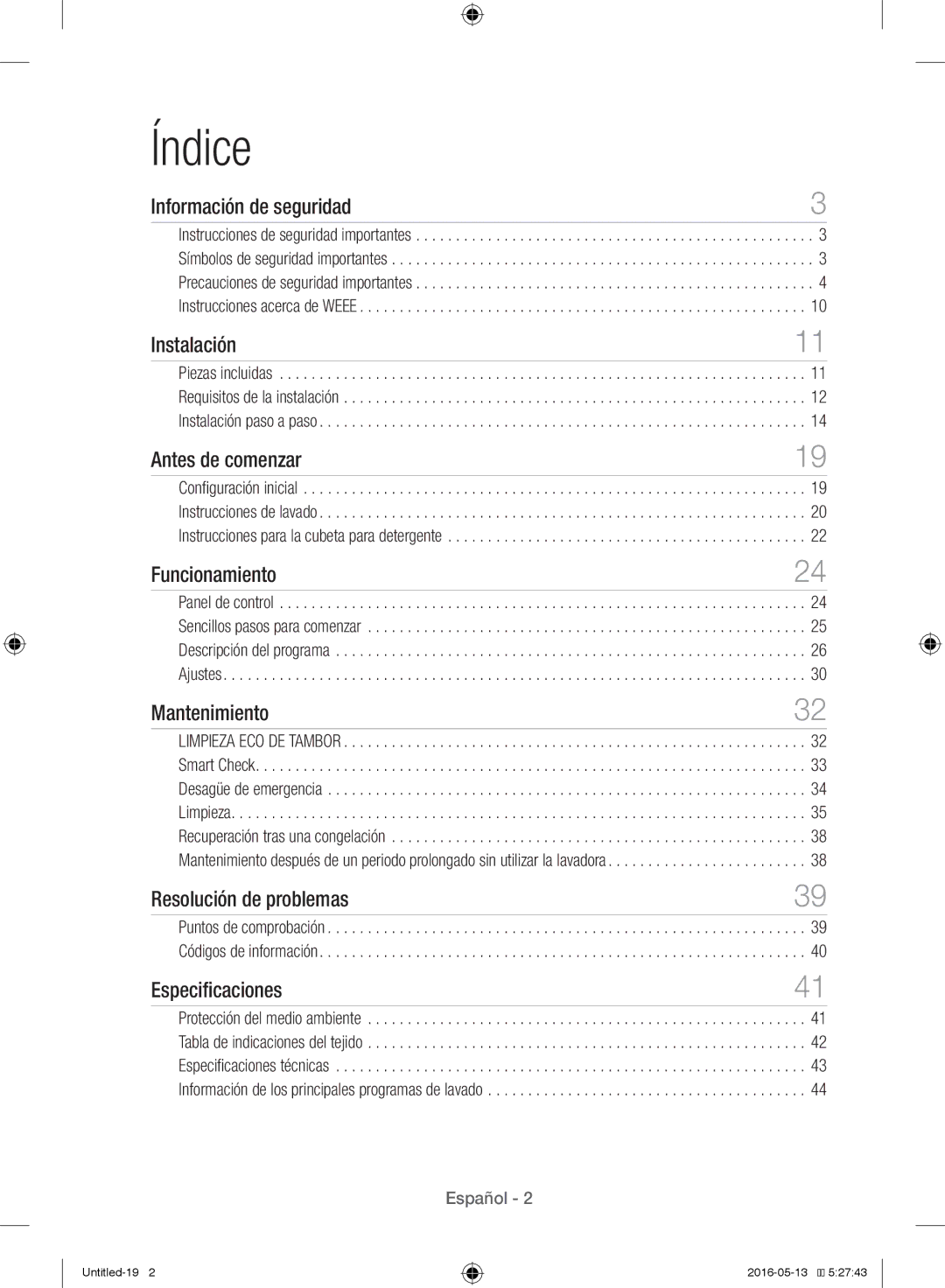 Samsung WW12H8400EW/EC manual Índice, Información de seguridad 