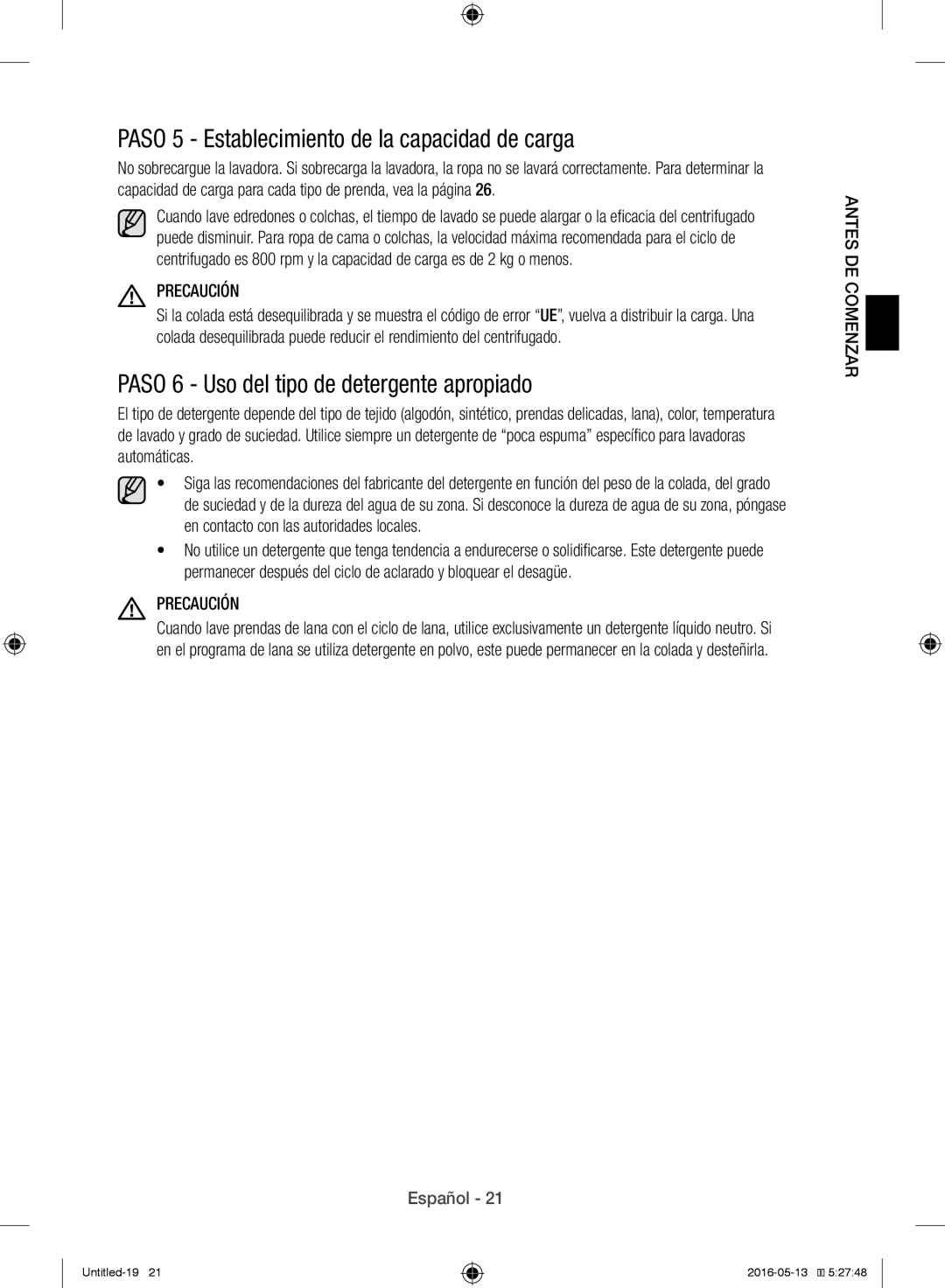 Samsung WW12H8400EW/EC manual Paso 5 Establecimiento de la capacidad de carga, Paso 6 Uso del tipo de detergente apropiado 