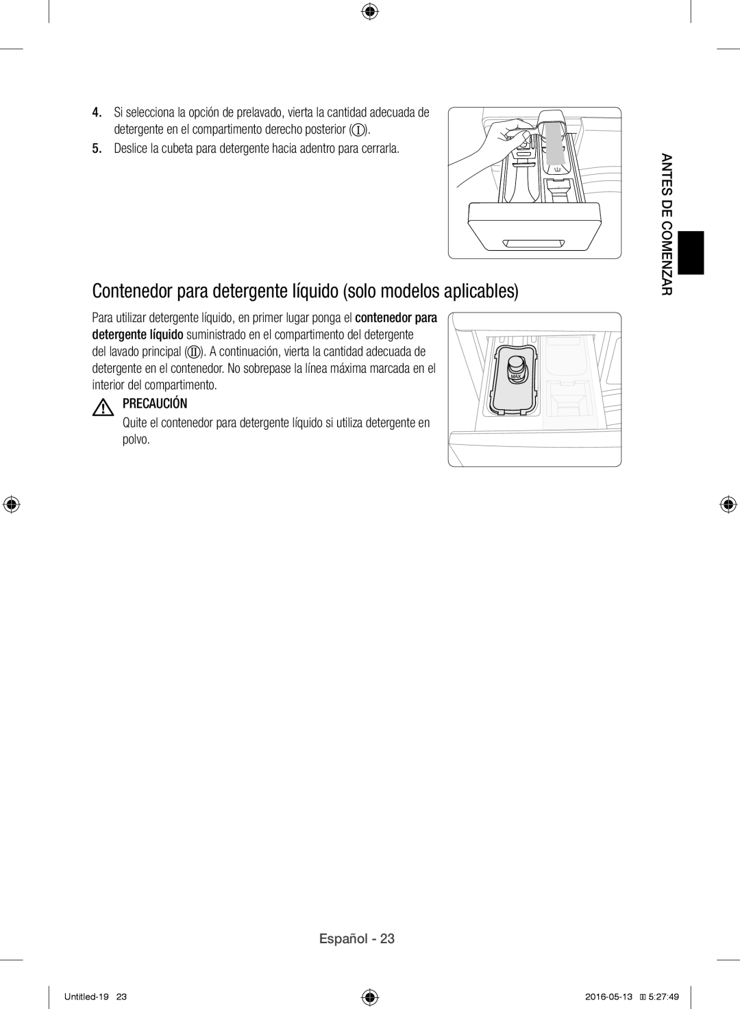 Samsung WW12H8400EW/EC manual Contenedor para detergente líquido solo modelos aplicables 