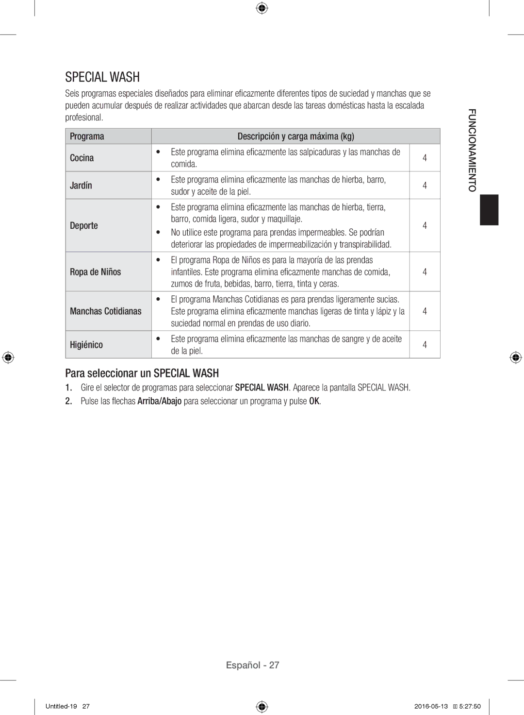 Samsung WW12H8400EW/EC manual Comida, Jardín, Sudor y aceite de la piel, Deporte Barro, comida ligera, sudor y maquillaje 