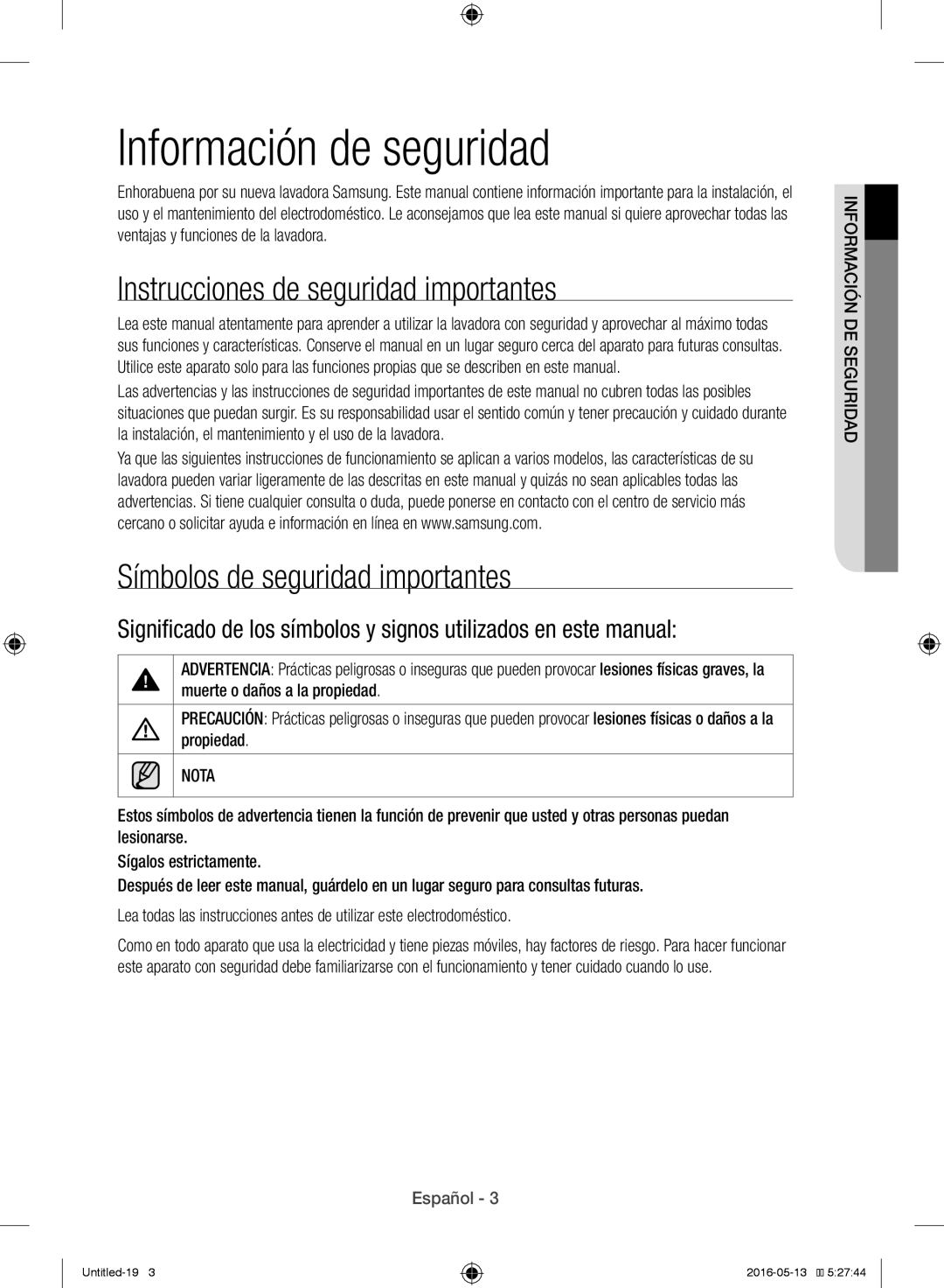 Samsung WW12H8400EW/EC Información de seguridad, Instrucciones de seguridad importantes, Símbolos de seguridad importantes 