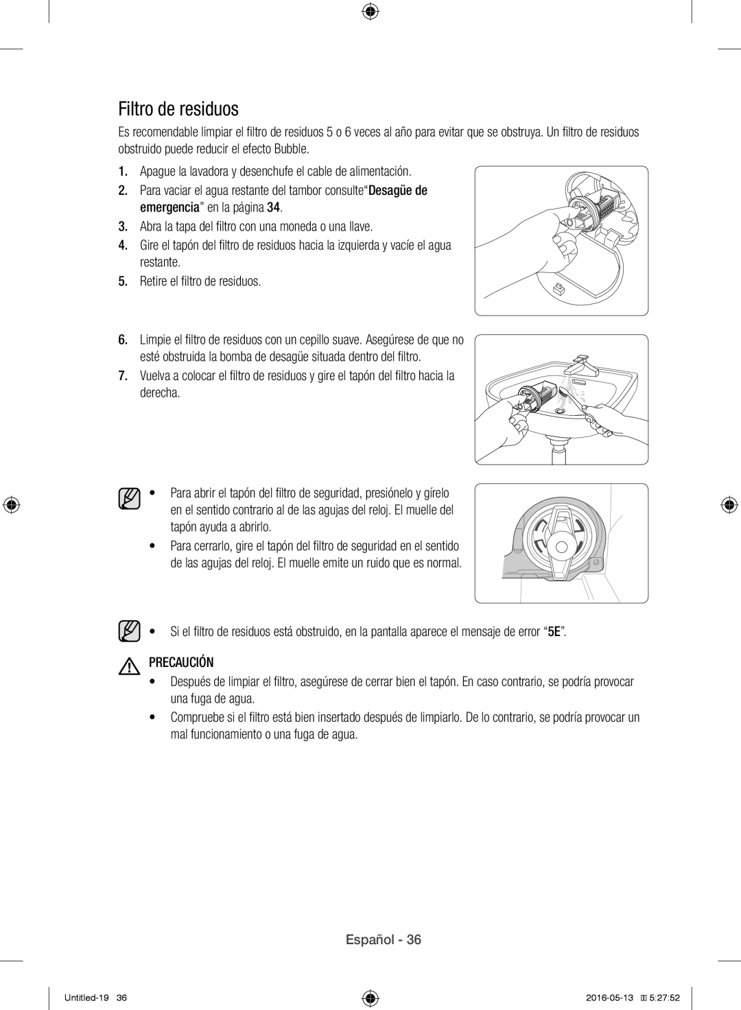 Samsung WW12H8400EW/EC manual Filtro de residuos, Tapón ayuda a abrirlo 