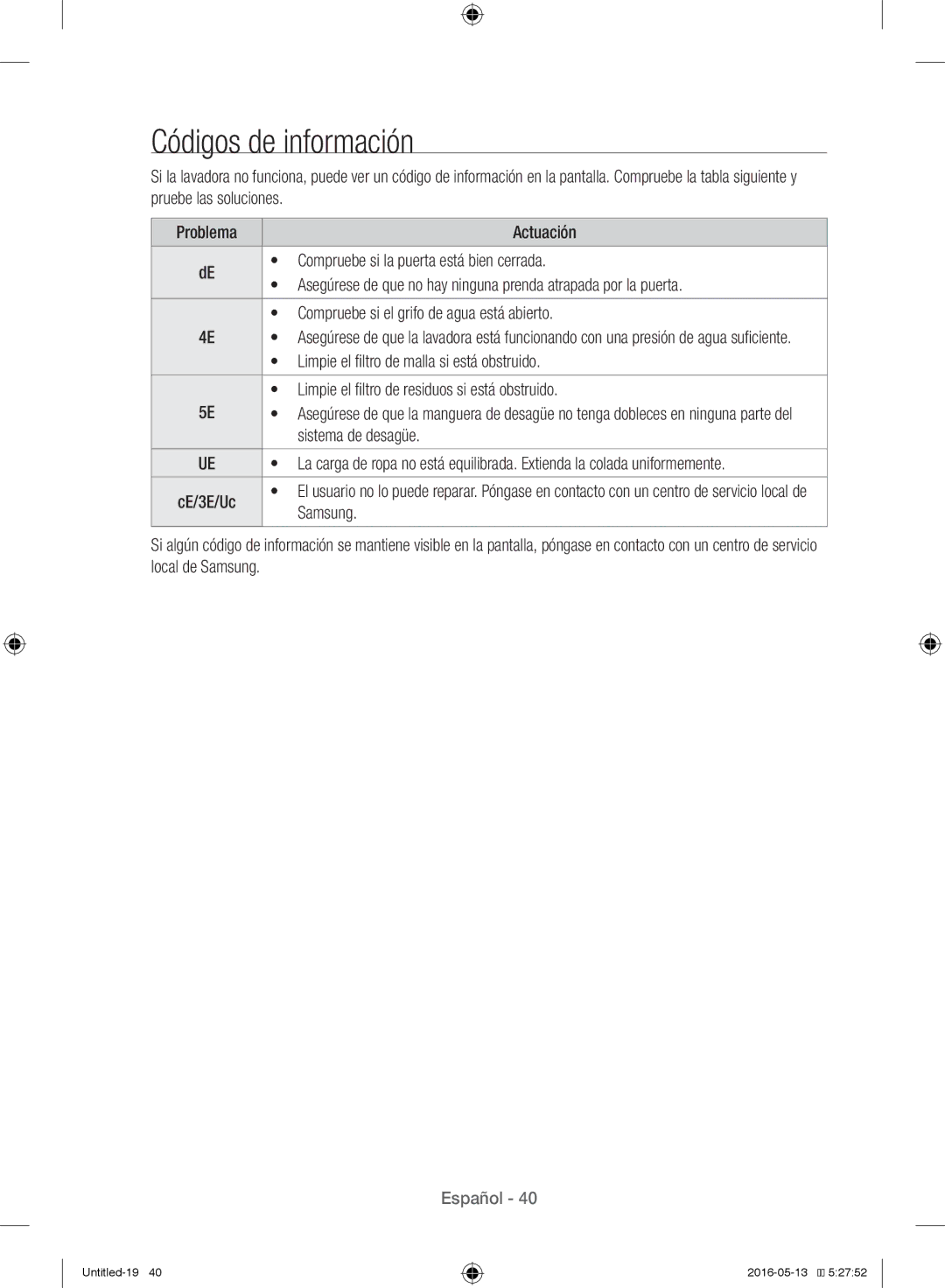 Samsung WW12H8400EW/EC Códigos de información, Limpie el filtro de malla si está obstruido, Sistema de desagüe, Samsung 