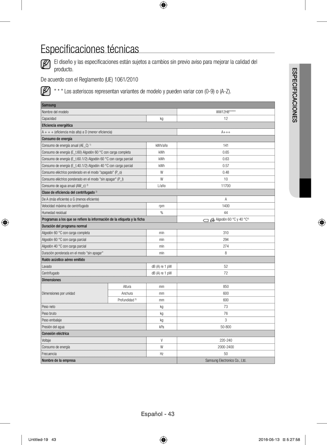 Samsung WW12H8400EW/EC manual Especificaciones técnicas, Consumo de energía Consumo de energía anual AEC KWh/año 141 