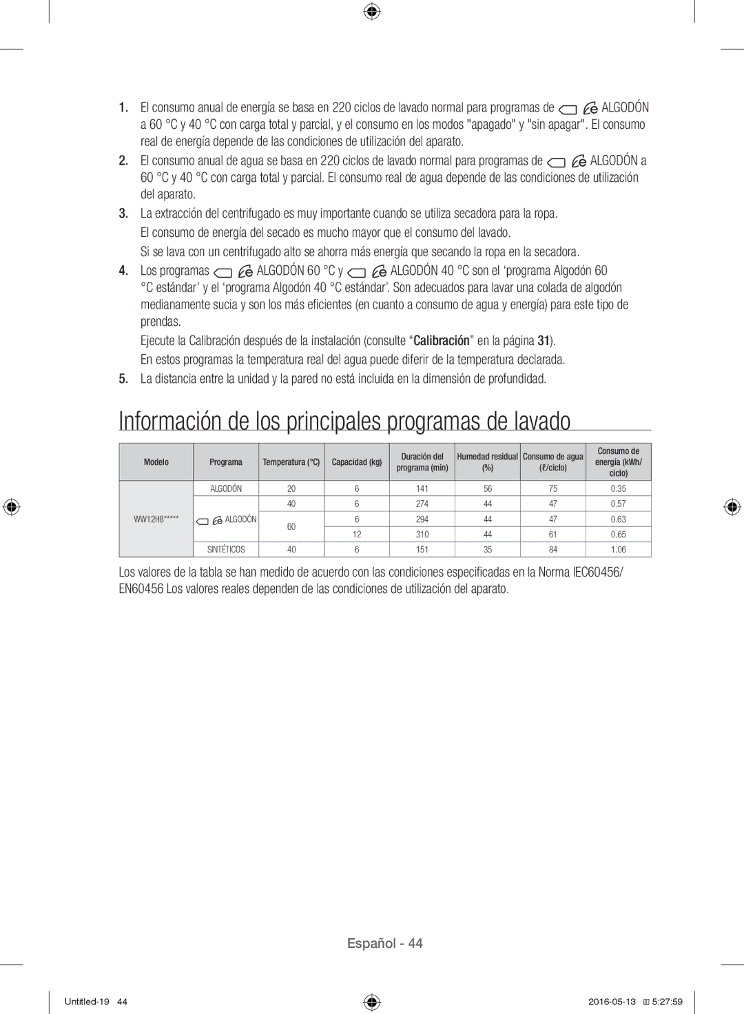 Samsung WW12H8400EW/EC manual Información de los principales programas de lavado 