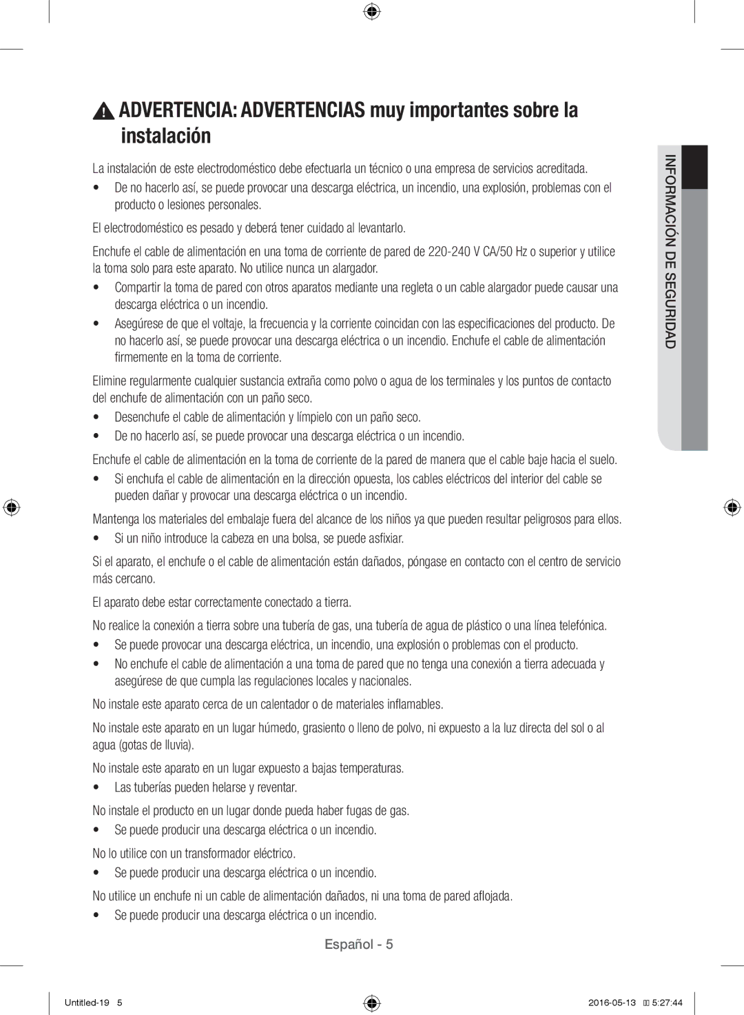 Samsung WW12H8400EW/EC manual Información DE Seguridad 