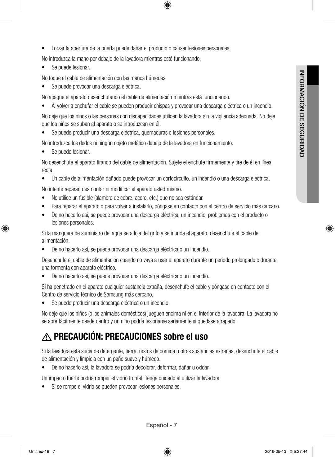 Samsung WW12H8400EW/EC manual Precaución Precauciones sobre el uso 