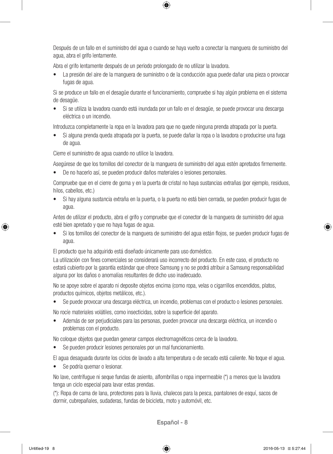 Samsung WW12H8400EW/EC manual Se podría quemar o lesionar 