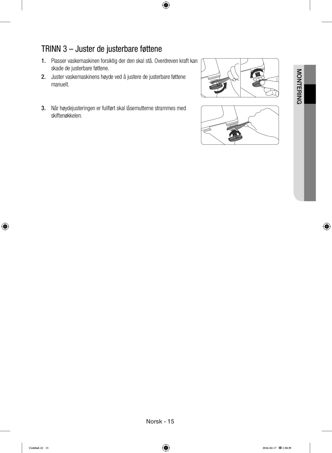 Samsung WW12H8400EW/EE manual Trinn 3 Juster de justerbare føttene 