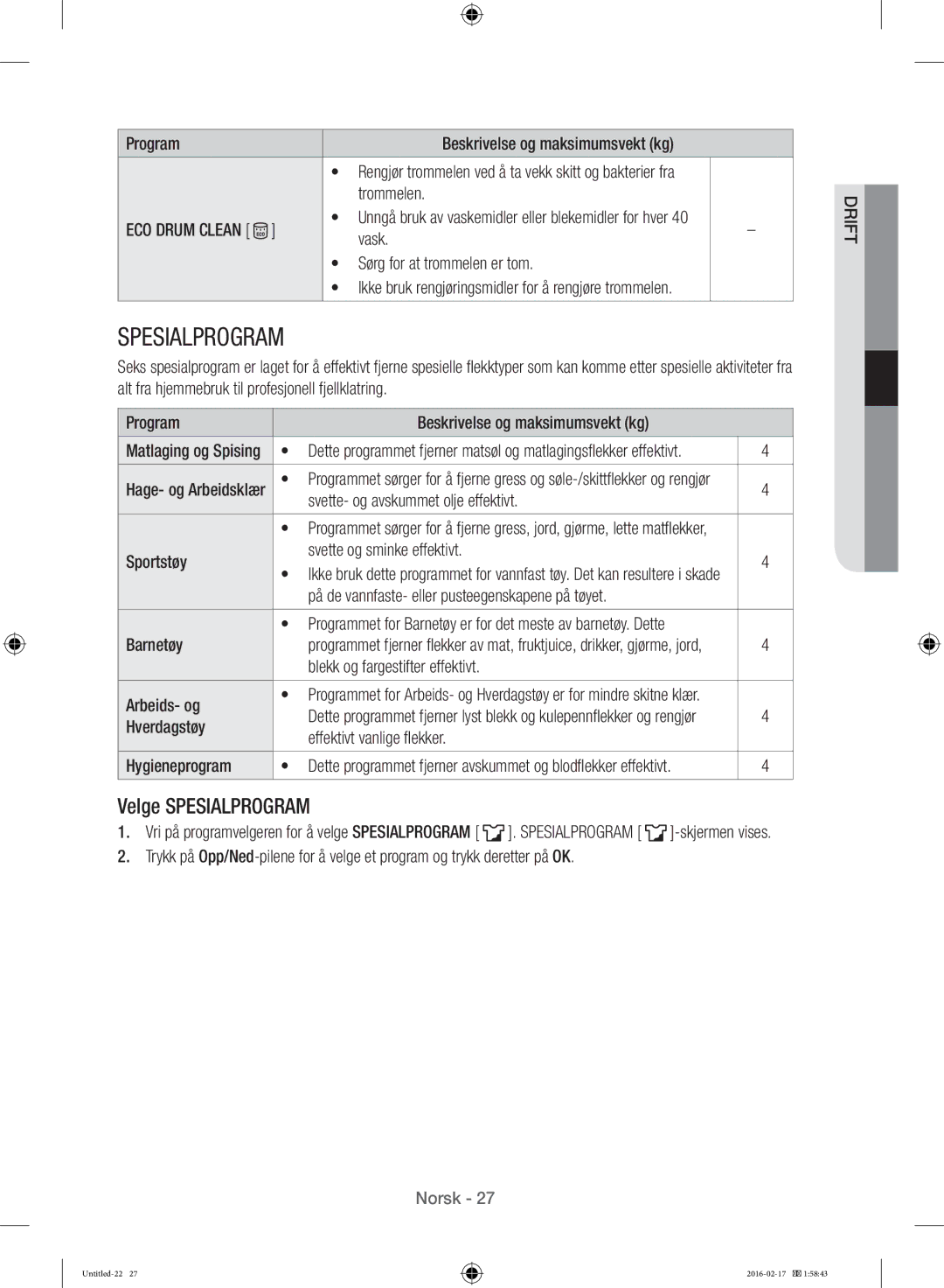 Samsung WW12H8400EW/EE manual Velge Spesialprogram 