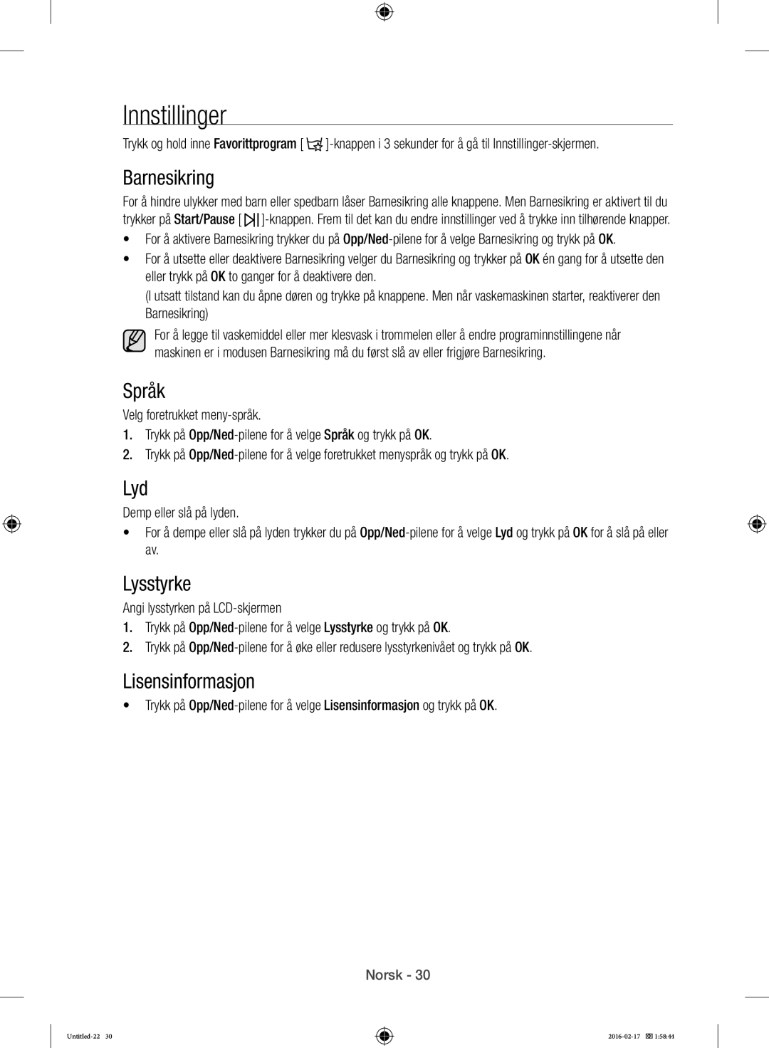 Samsung WW12H8400EW/EE manual Innstillinger, Barnesikring, Lyd, Lysstyrke, Lisensinformasjon 