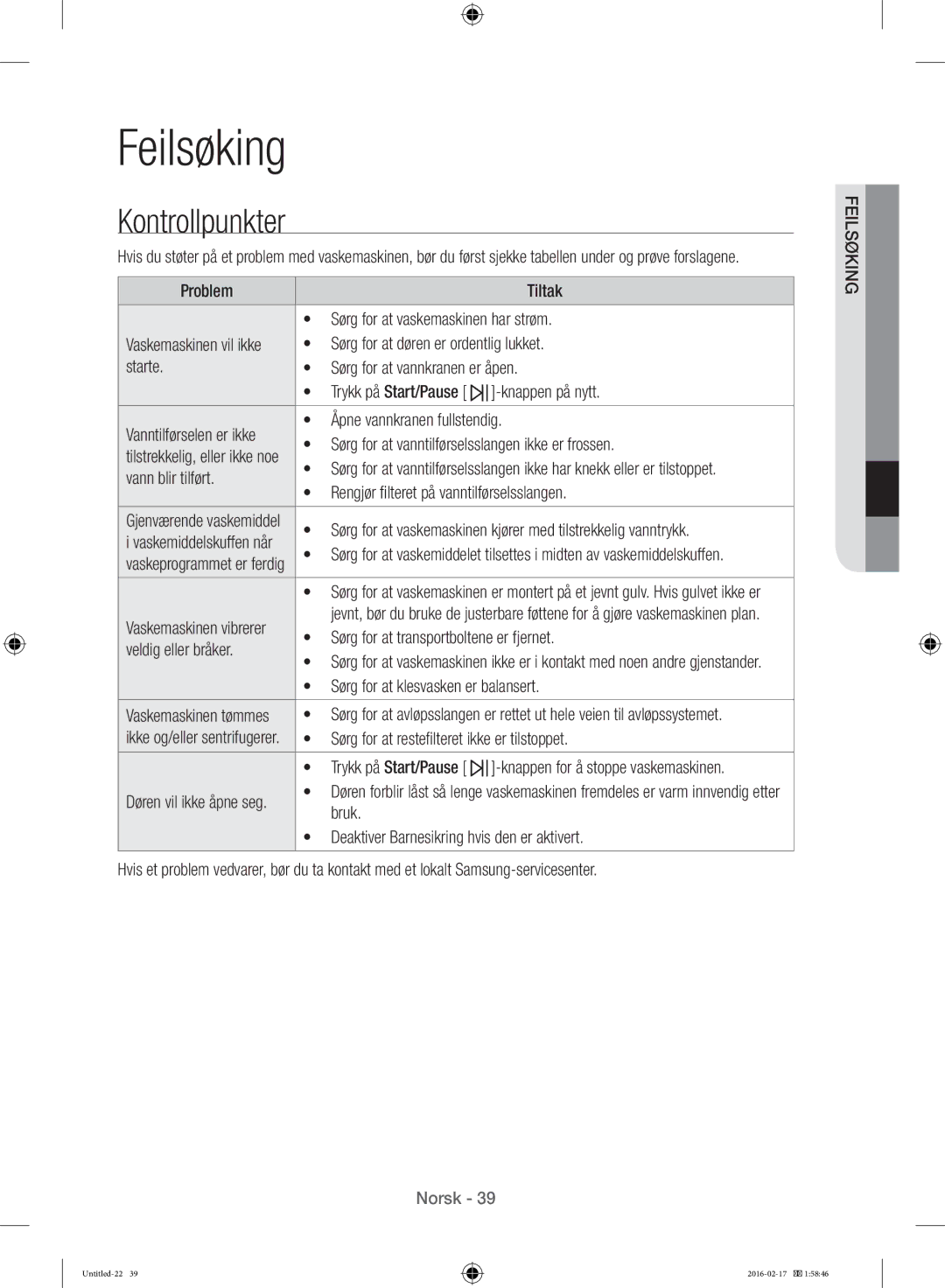 Samsung WW12H8400EW/EE manual Feilsøking 