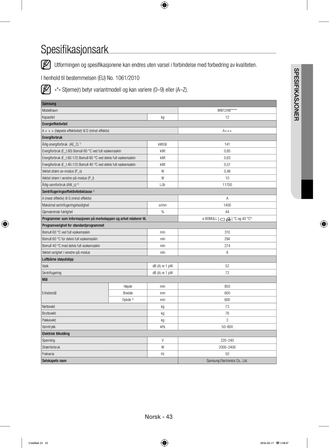 Samsung WW12H8400EW/EE manual Spesifikasjonsark 