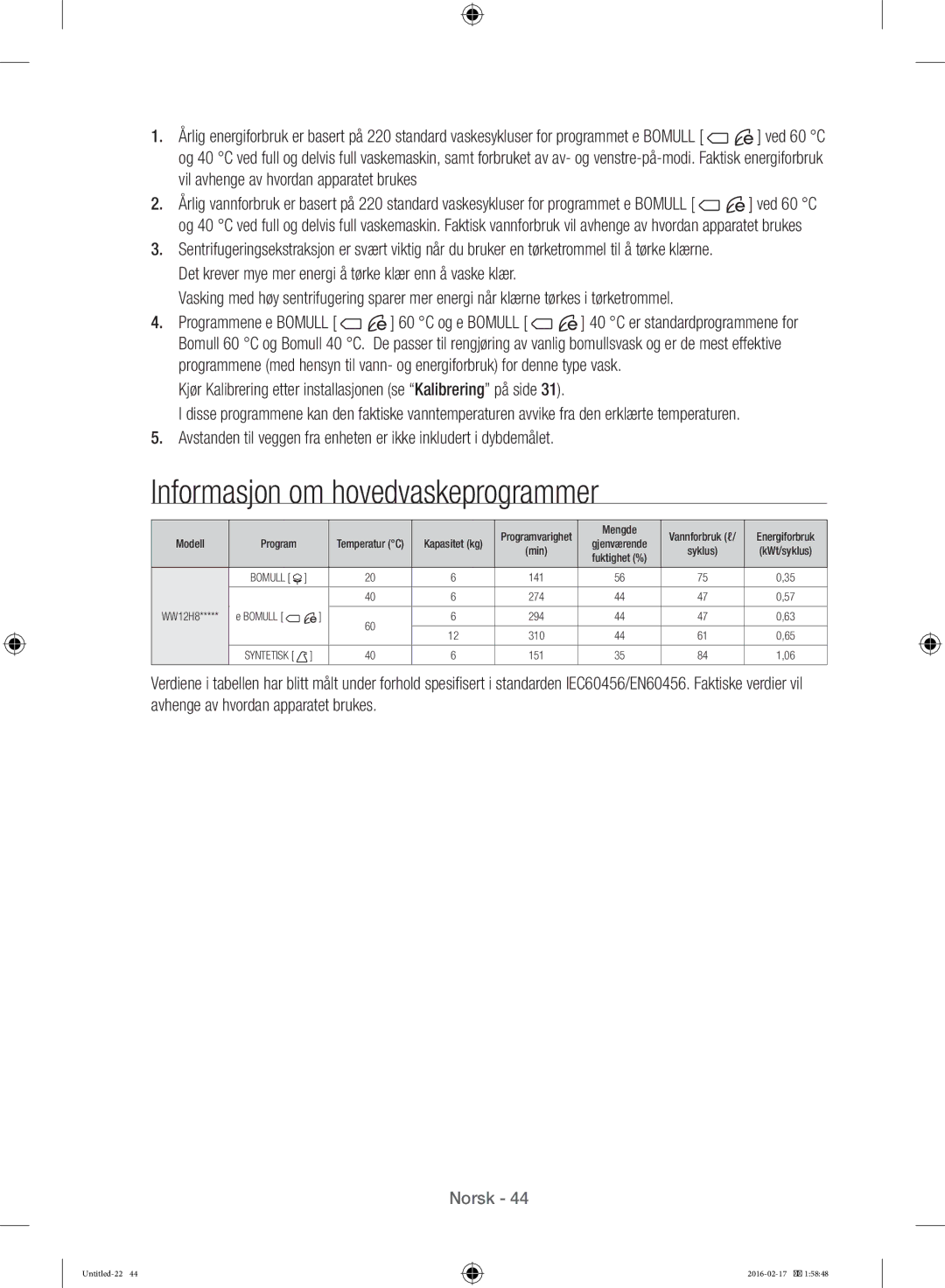 Samsung WW12H8400EW/EE manual Informasjon om hovedvaskeprogrammer 