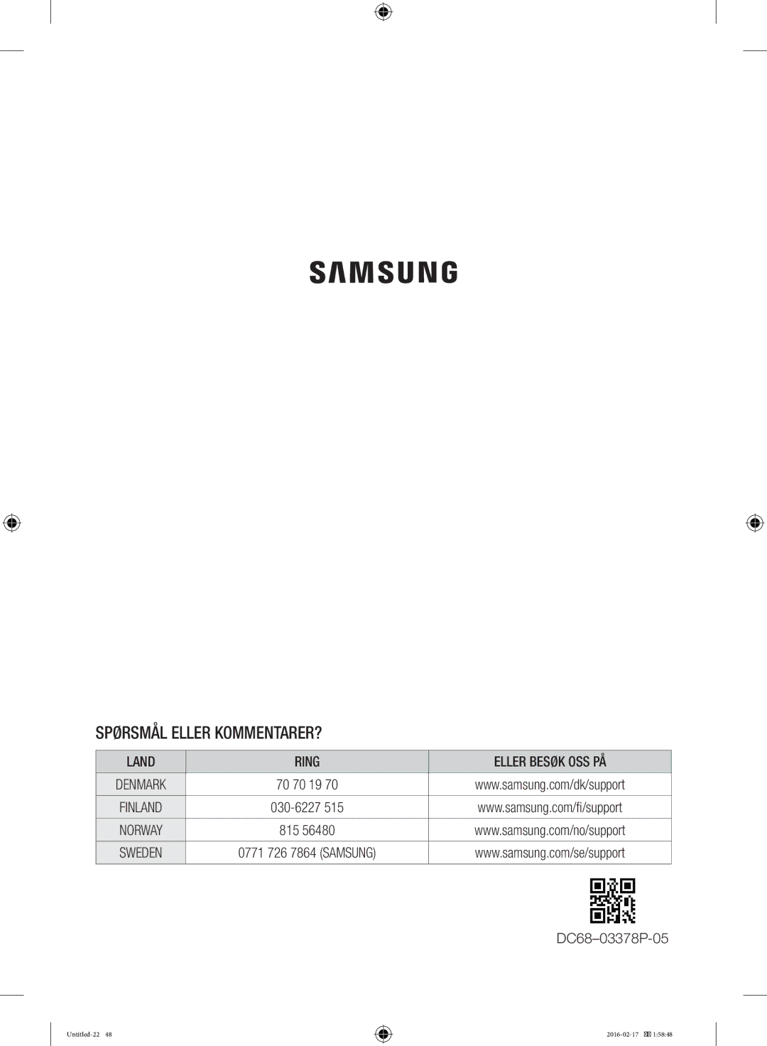 Samsung WW12H8400EW/EE manual Spørsmål Eller KOMMENTARER?, Land Ring Eller Besøk OSS PÅ 