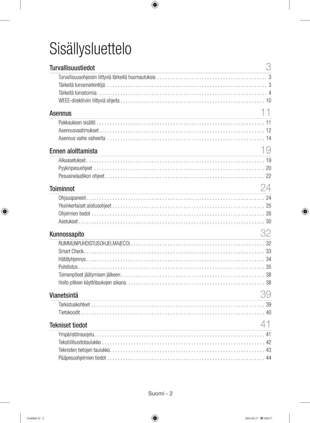 Samsung WW12H8400EW/EE manual Sisällysluettelo 