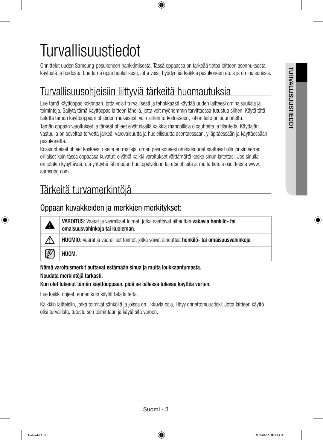 Samsung WW12H8400EW/EE Turvallisuustiedot, Tärkeitä turvamerkintöjä, Oppaan kuvakkeiden ja merkkien merkitykset, Huom 