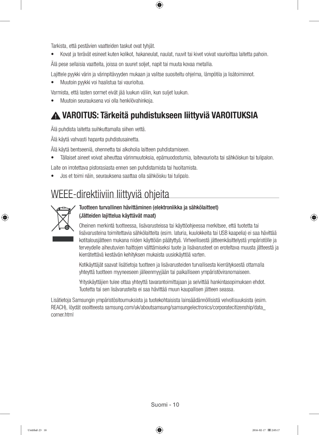 Samsung WW12H8400EW/EE manual WEEE-direktiiviin liittyviä ohjeita, Tarkista, että pestävien vaatteiden taskut ovat tyhjät 