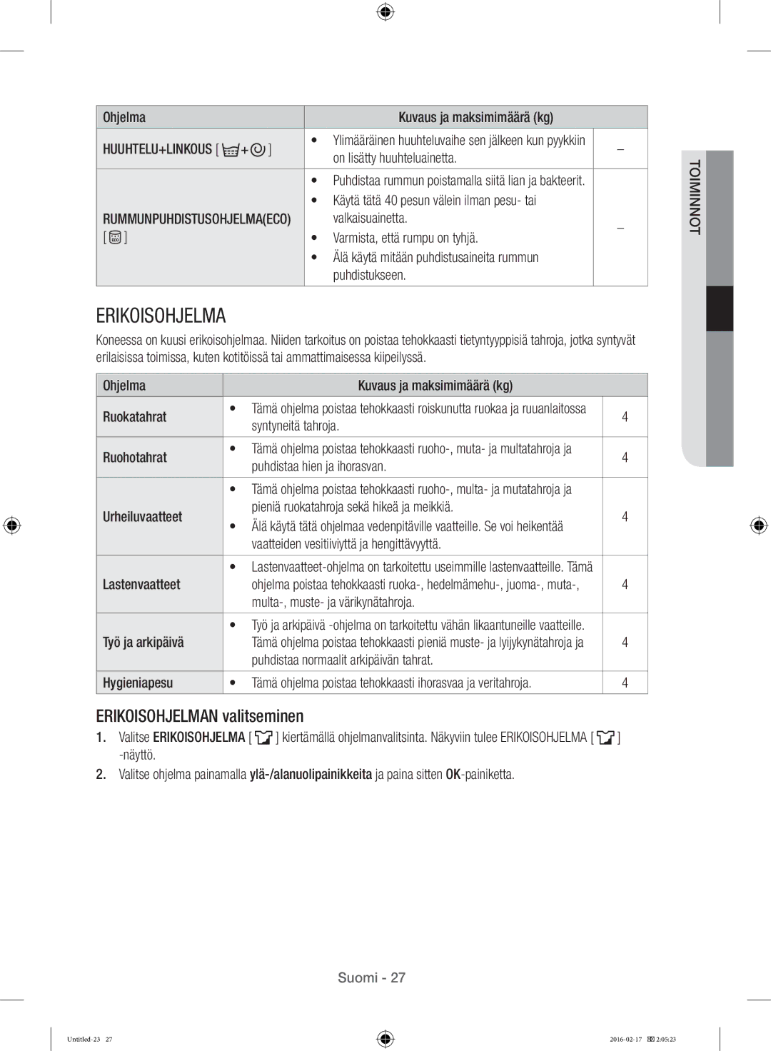 Samsung WW12H8400EW/EE manual Erikoisohjelman valitseminen 