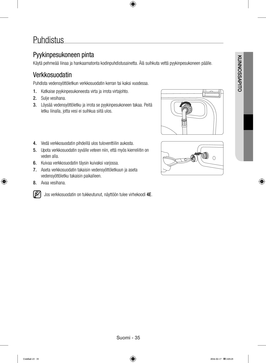 Samsung WW12H8400EW/EE manual Puhdistus, Pyykinpesukoneen pinta, Verkkosuodatin 