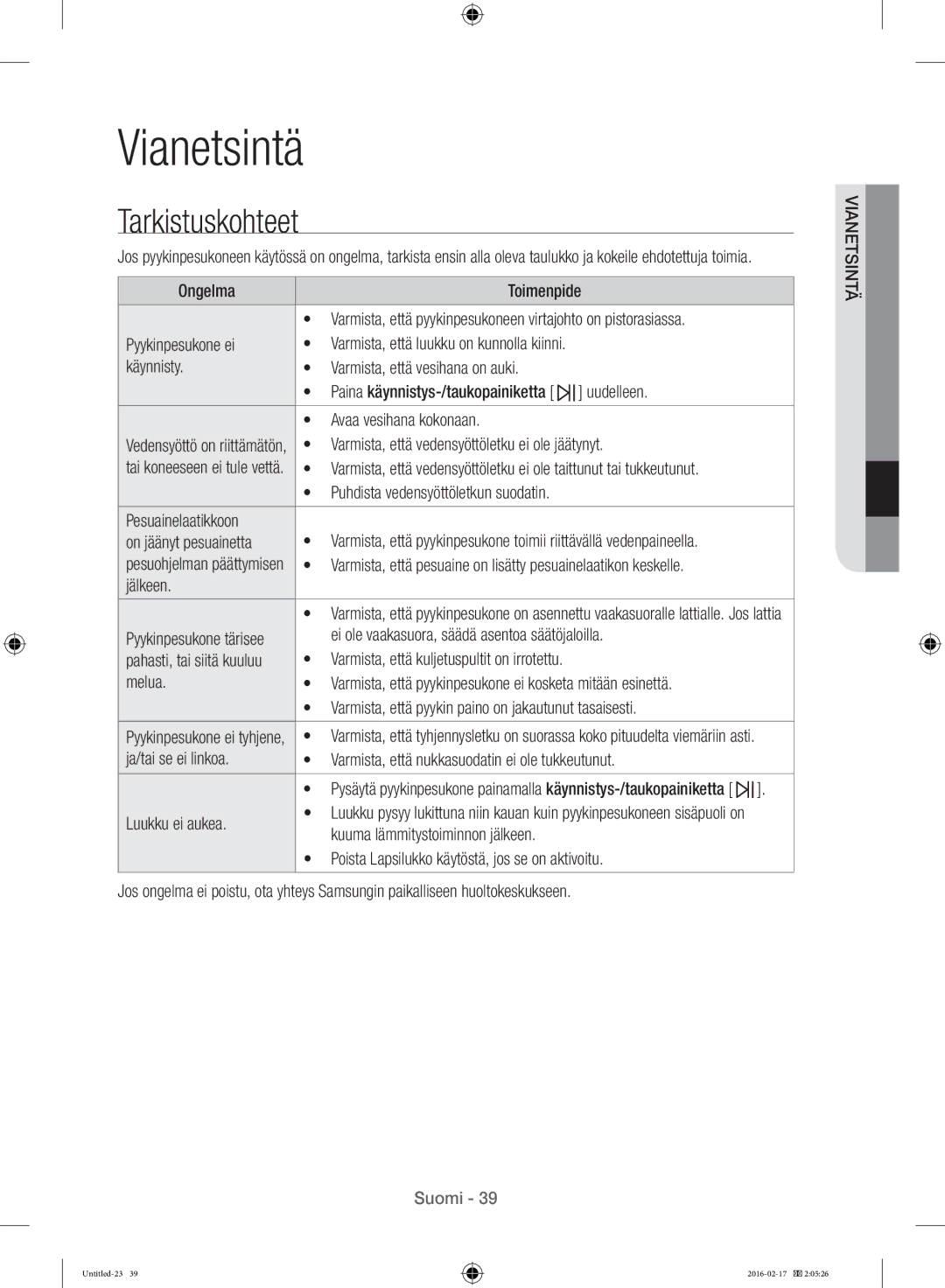 Samsung WW12H8400EW/EE manual Vianetsintä, Tarkistuskohteet 