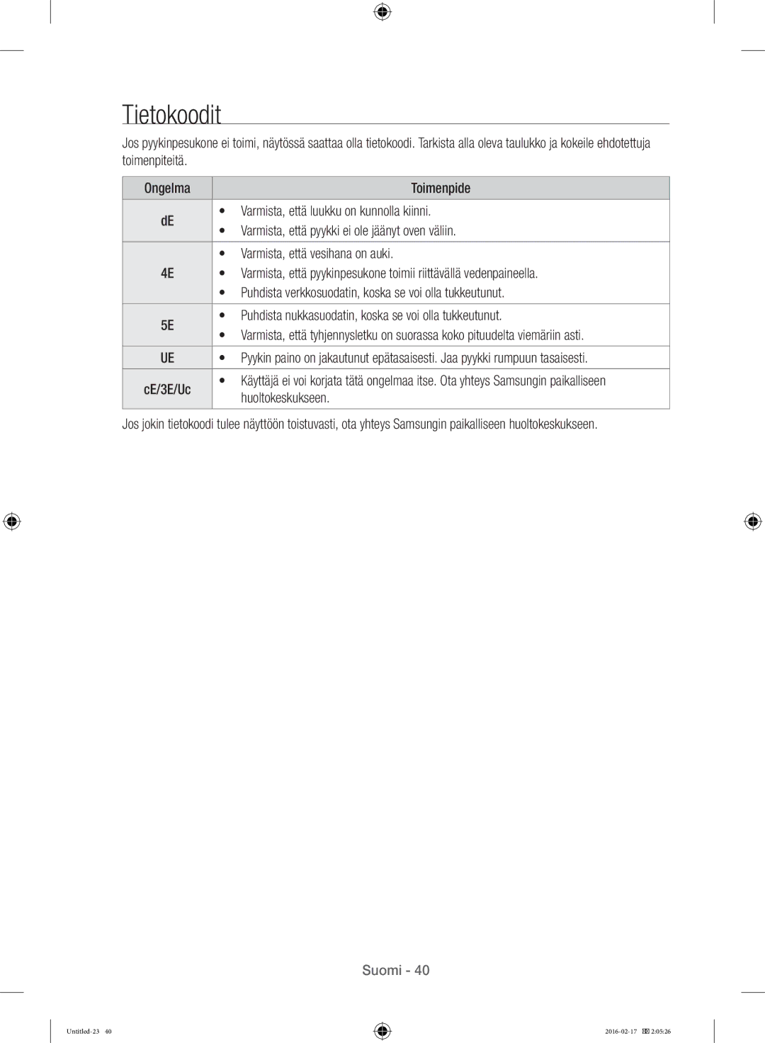 Samsung WW12H8400EW/EE manual Tietokoodit, Huoltokeskukseen 