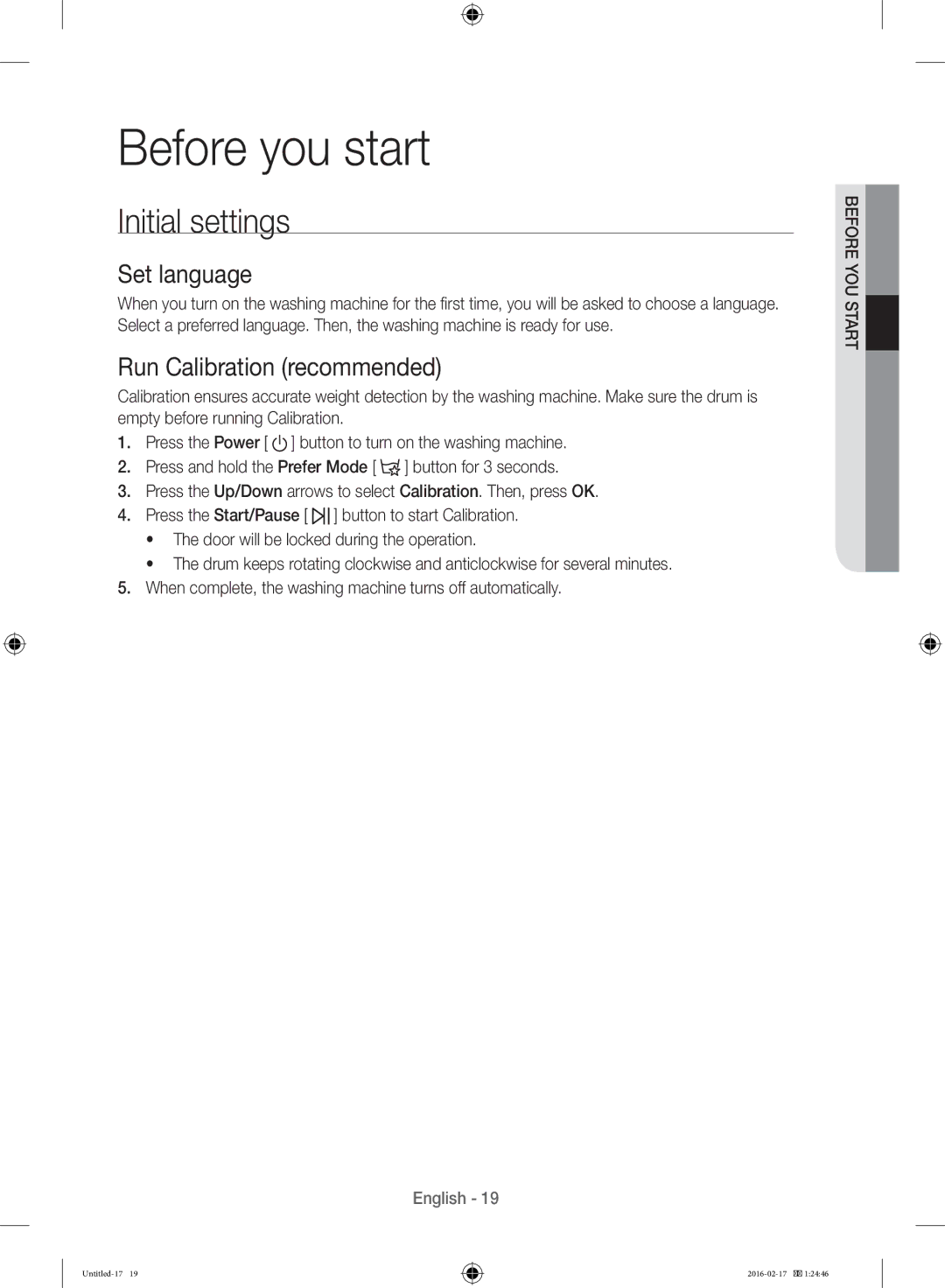 Samsung WW12H8400EW/EE manual Before you start, Initial settings, Set language, Run Calibration recommended 