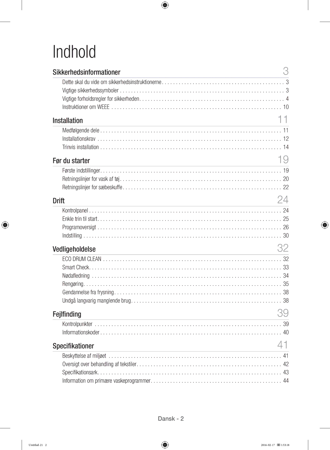 Samsung WW12H8400EW/EE manual Indhold, Sikkerhedsinformationer, Vedligeholdelse, Fejlfinding 