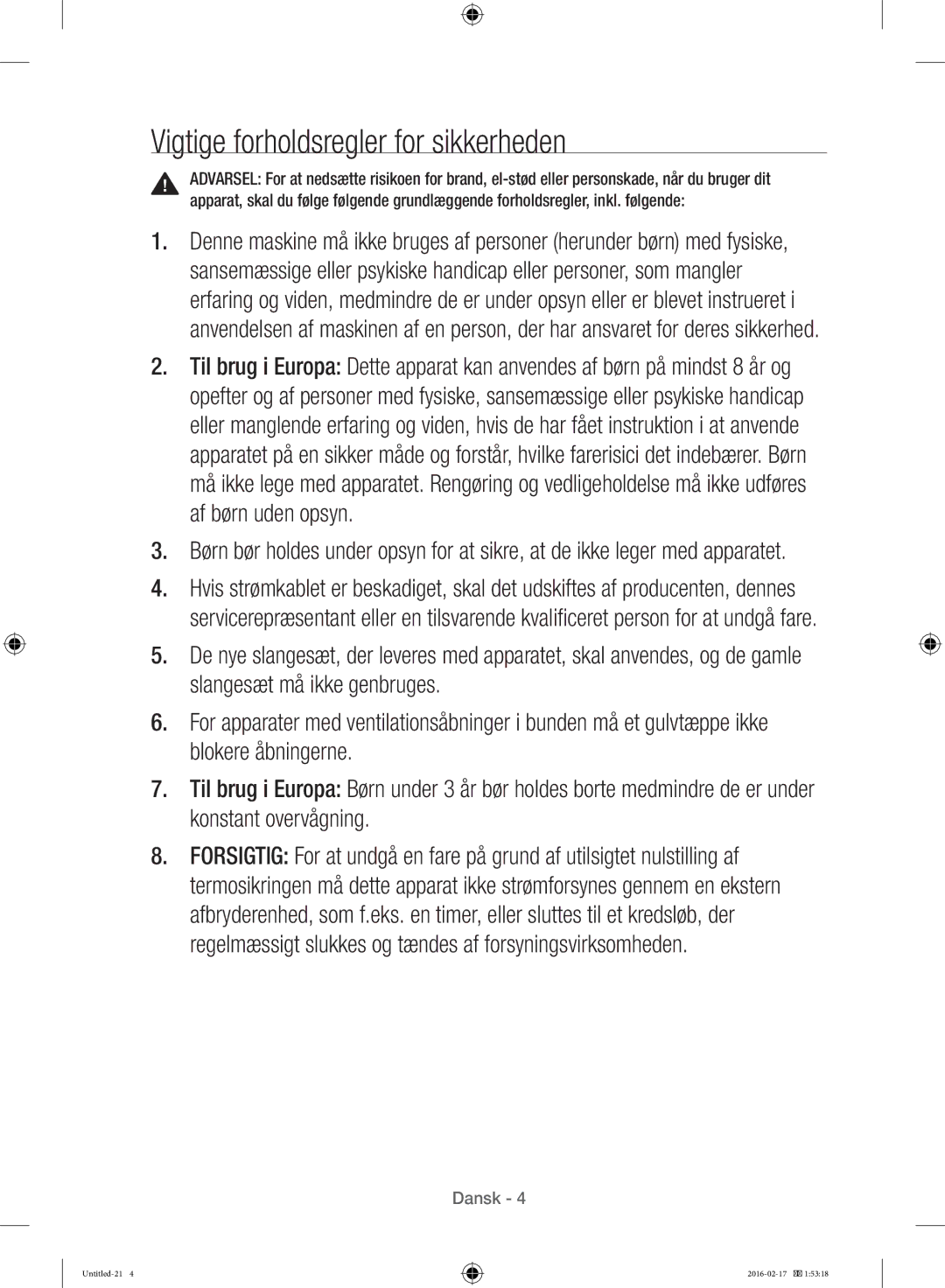 Samsung WW12H8400EW/EE manual Vigtige forholdsregler for sikkerheden 