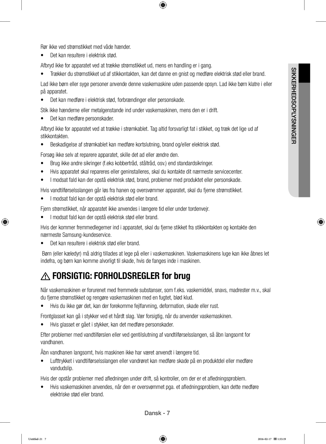 Samsung WW12H8400EW/EE manual Forsigtig Forholdsregler for brug 