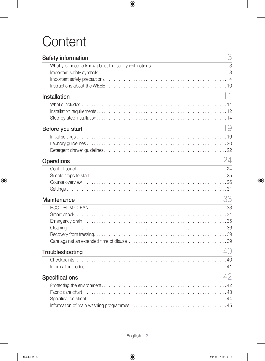 Samsung WW12H8400EW/EE manual Content 