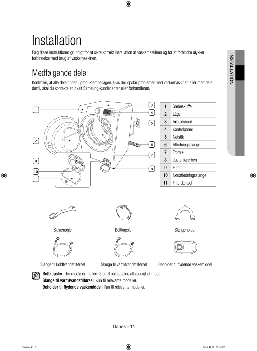 Samsung WW12H8400EW/EE manual Medfølgende dele, Skruenøgle Slange til koldtvandstilførsel Boltkapsler 