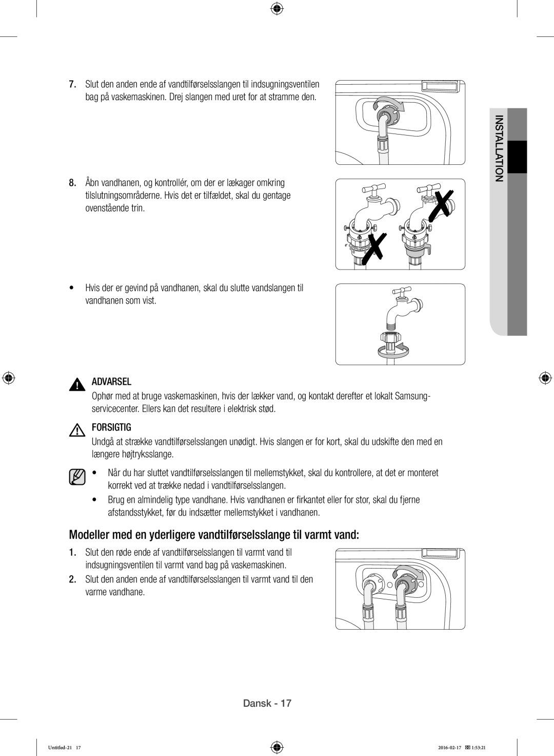 Samsung WW12H8400EW/EE manual Forsigtig 