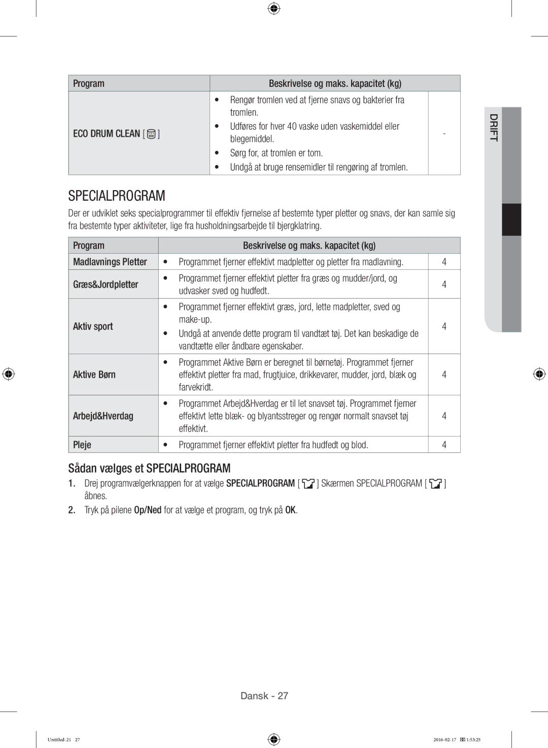 Samsung WW12H8400EW/EE manual Sådan vælges et Specialprogram 