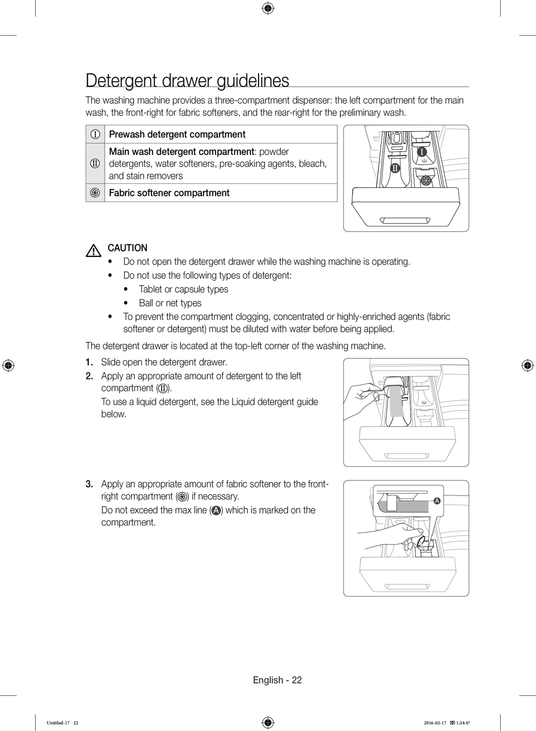 Samsung WW12H8400EW/EE manual Detergent drawer guidelines 