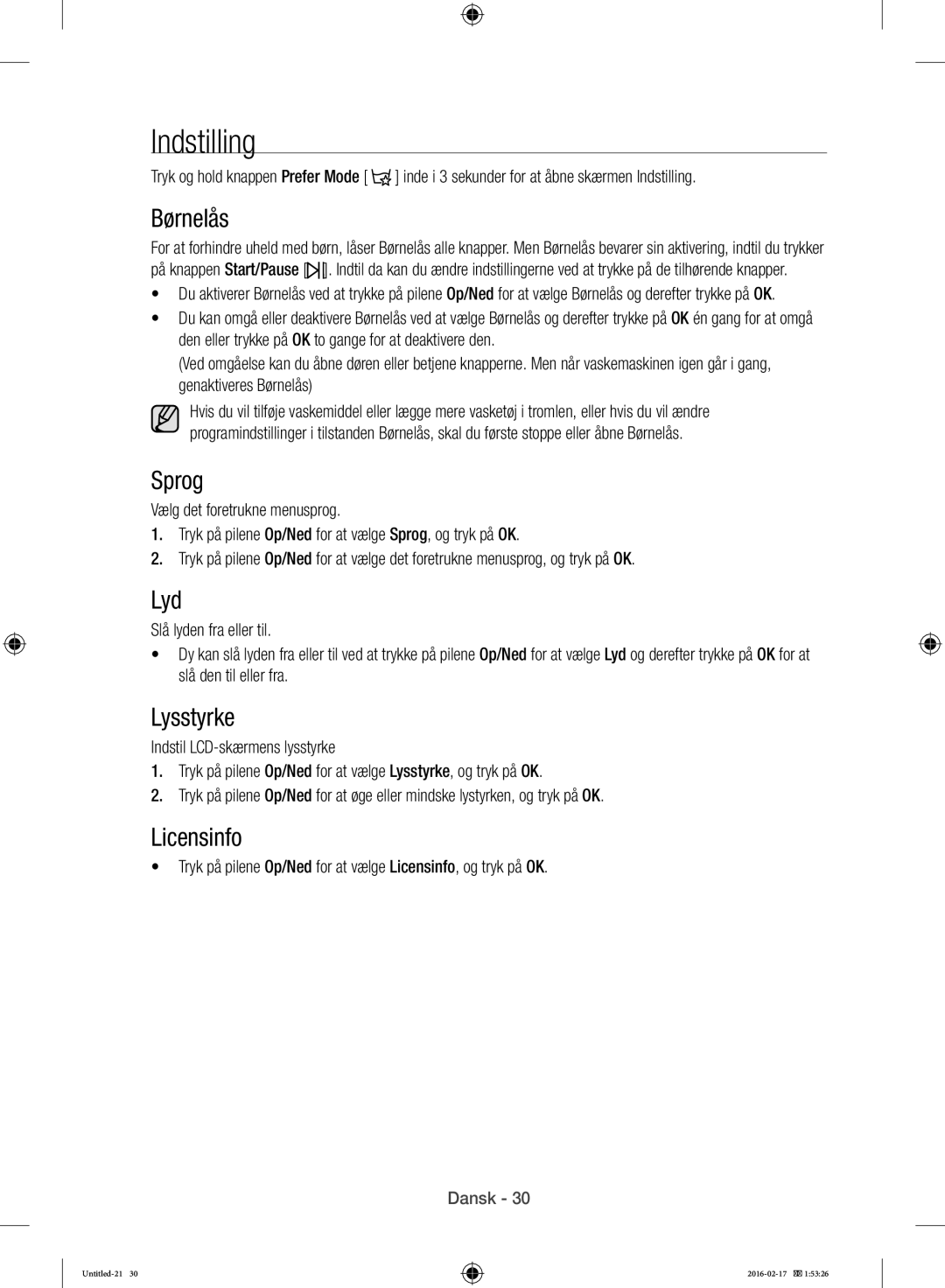 Samsung WW12H8400EW/EE manual Indstilling, Børnelås, Sprog, Licensinfo 