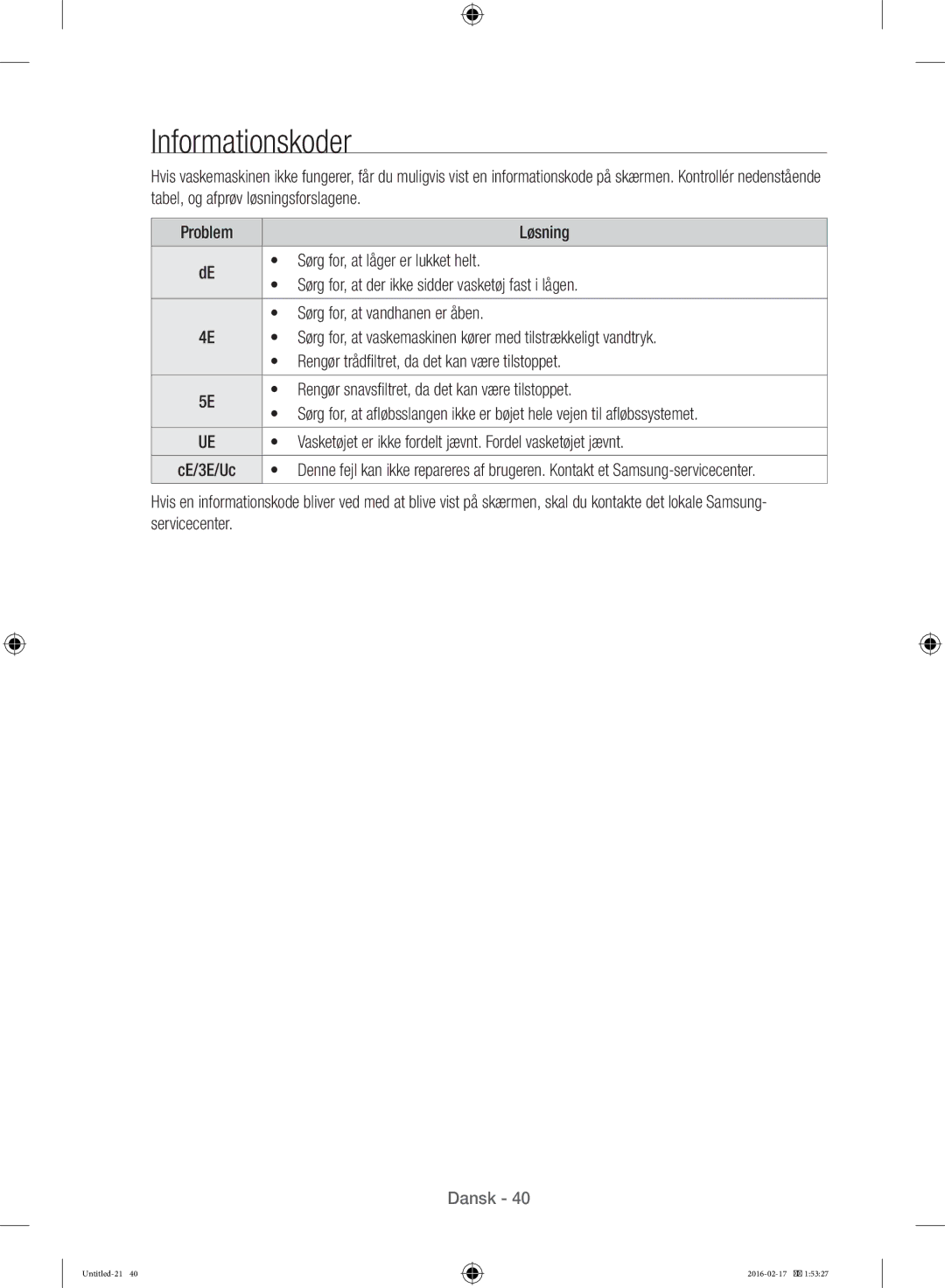 Samsung WW12H8400EW/EE manual Informationskoder 