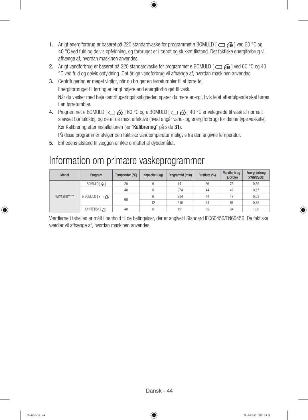 Samsung WW12H8400EW/EE manual Information om primære vaskeprogrammer 