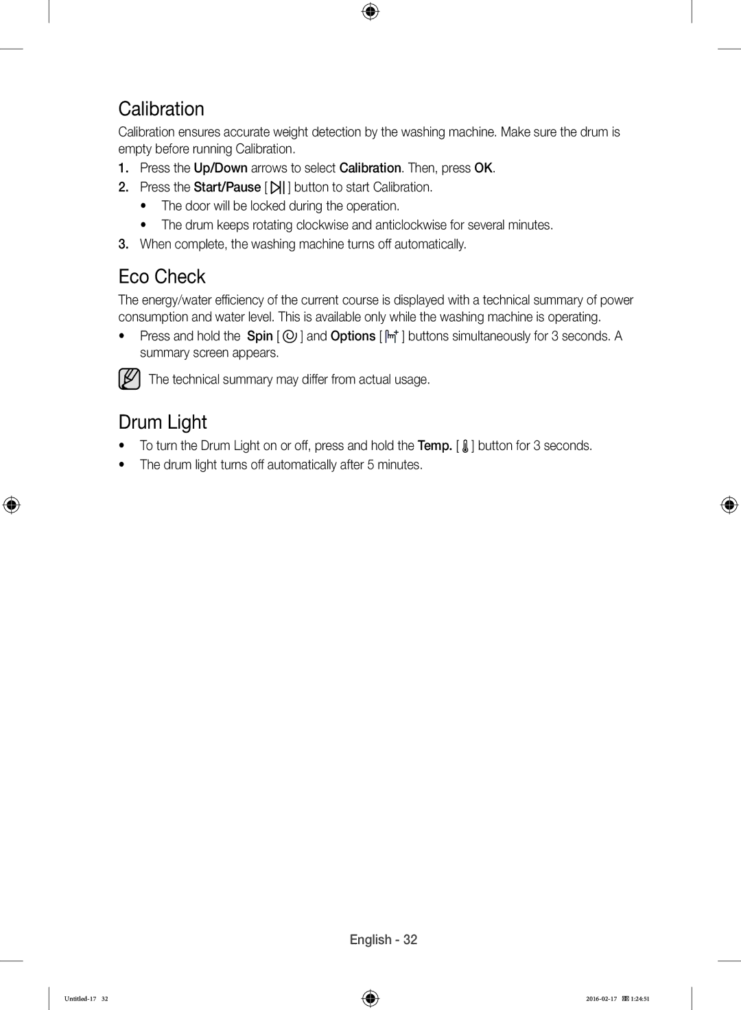 Samsung WW12H8400EW/EE manual Calibration, Eco Check, Drum Light 