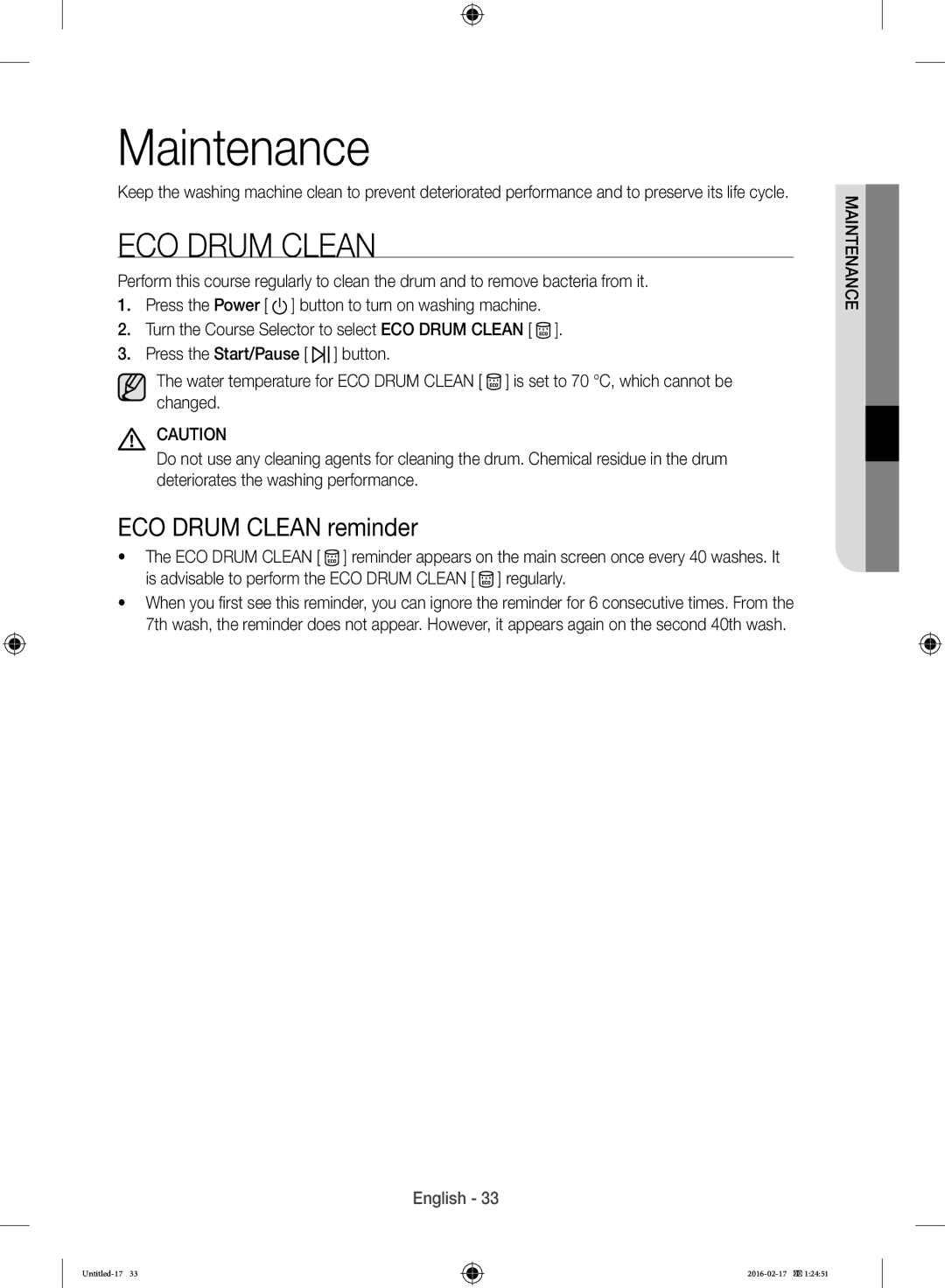 Samsung WW12H8400EW/EE manual Maintenance, ECO Drum Clean reminder 