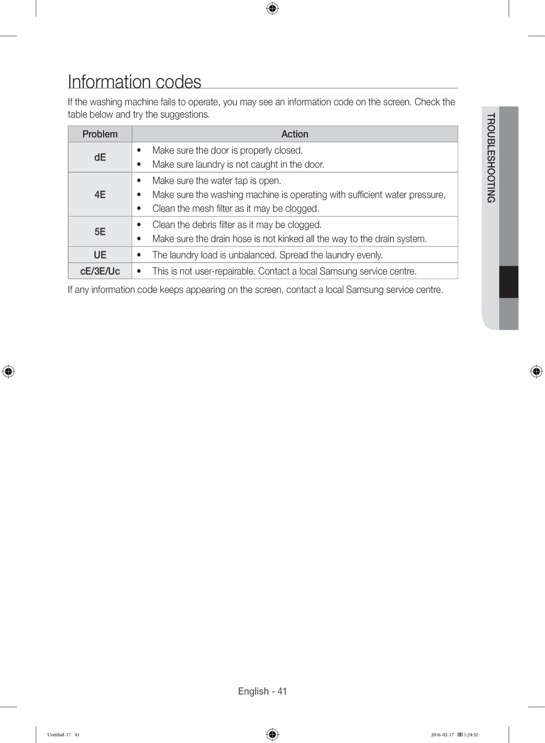 Samsung WW12H8400EW/EE manual Information codes, Clean the mesh filter as it may be clogged 