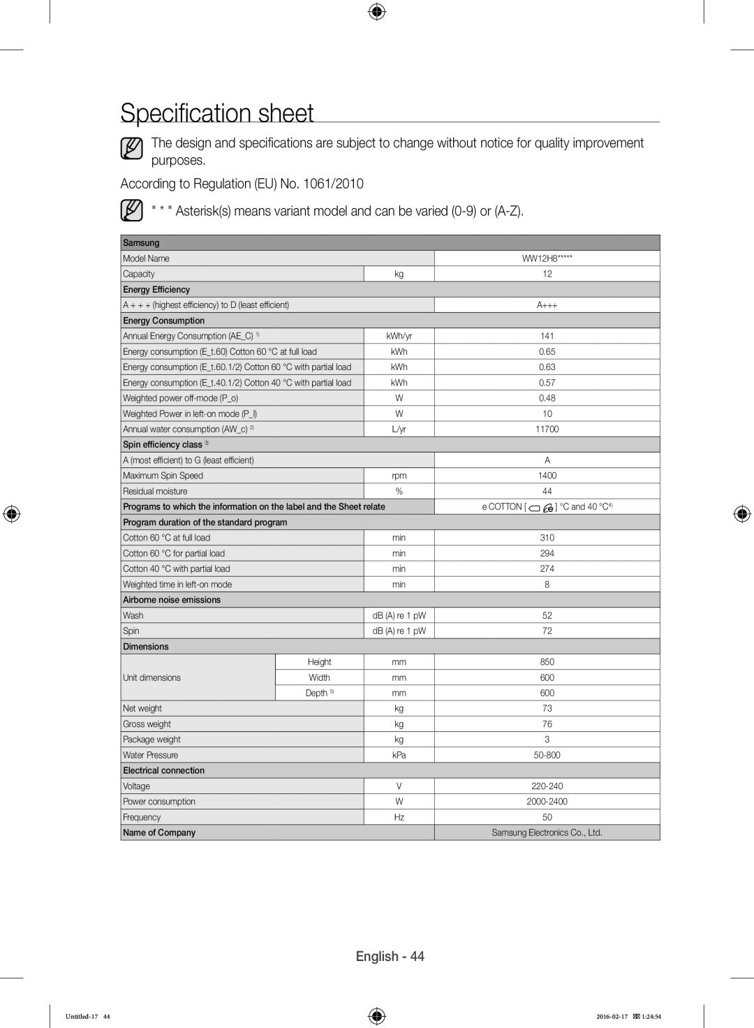 Samsung WW12H8400EW/EE manual Specification sheet 