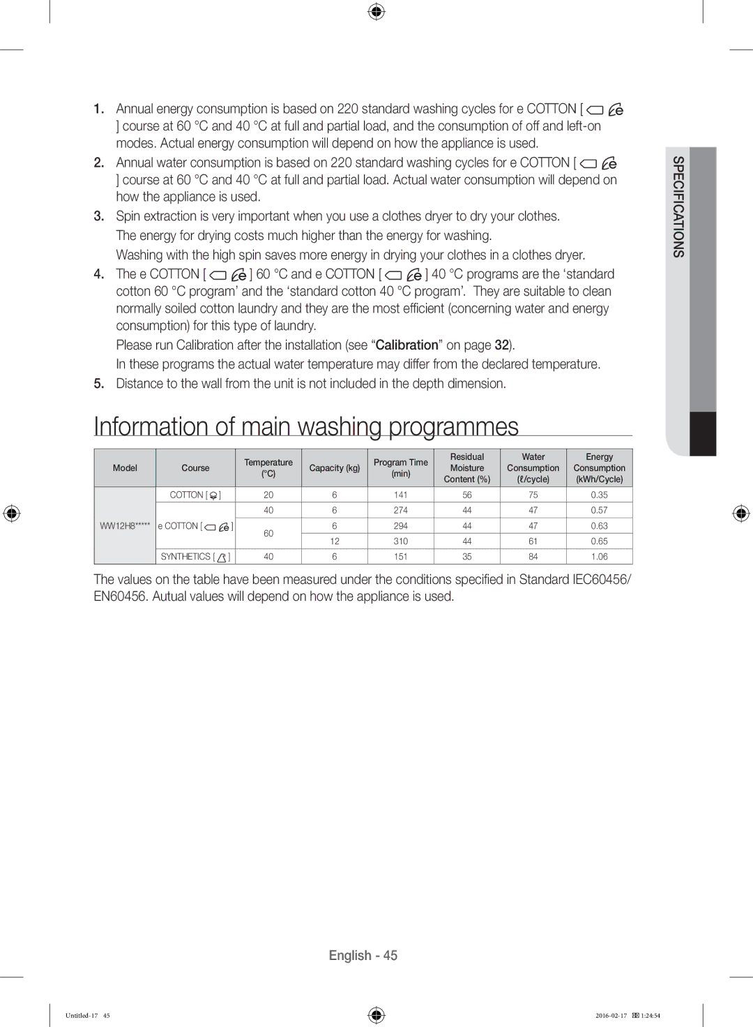 Samsung WW12H8400EW/EE manual Information of main washing programmes 